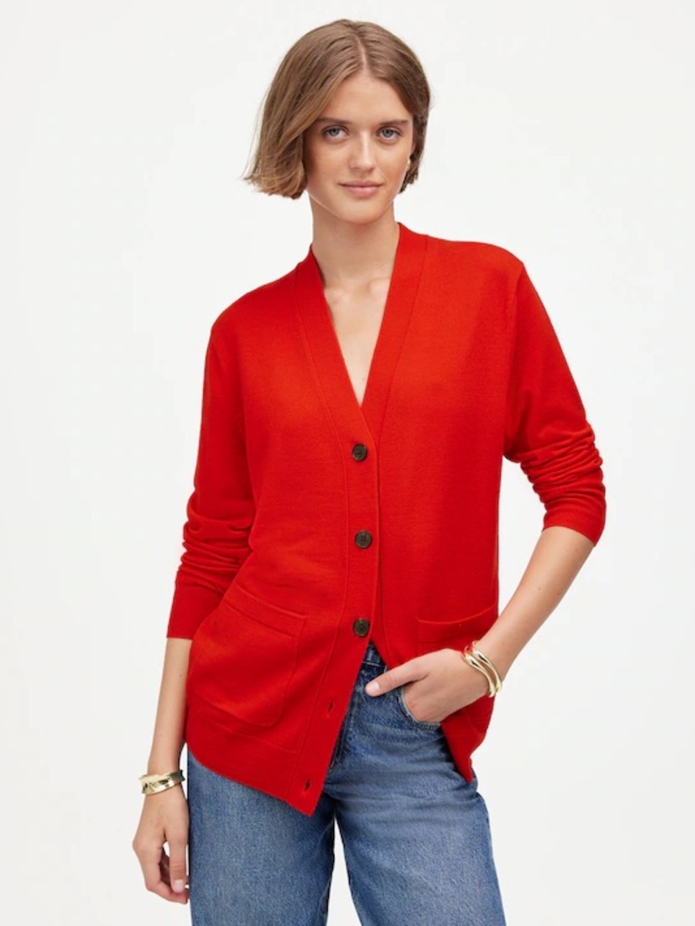 Madewell Merino Wool Boyfriend V-Neck Cardigan Sweater Bright Cherry Red M
